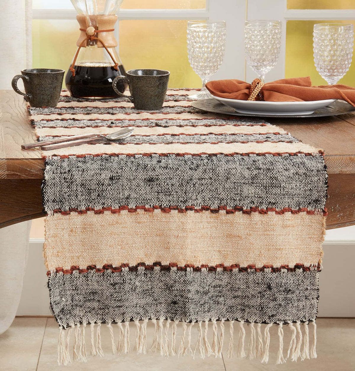 Striped Fringe Cotton Table Runner, Multicolor, alternate view