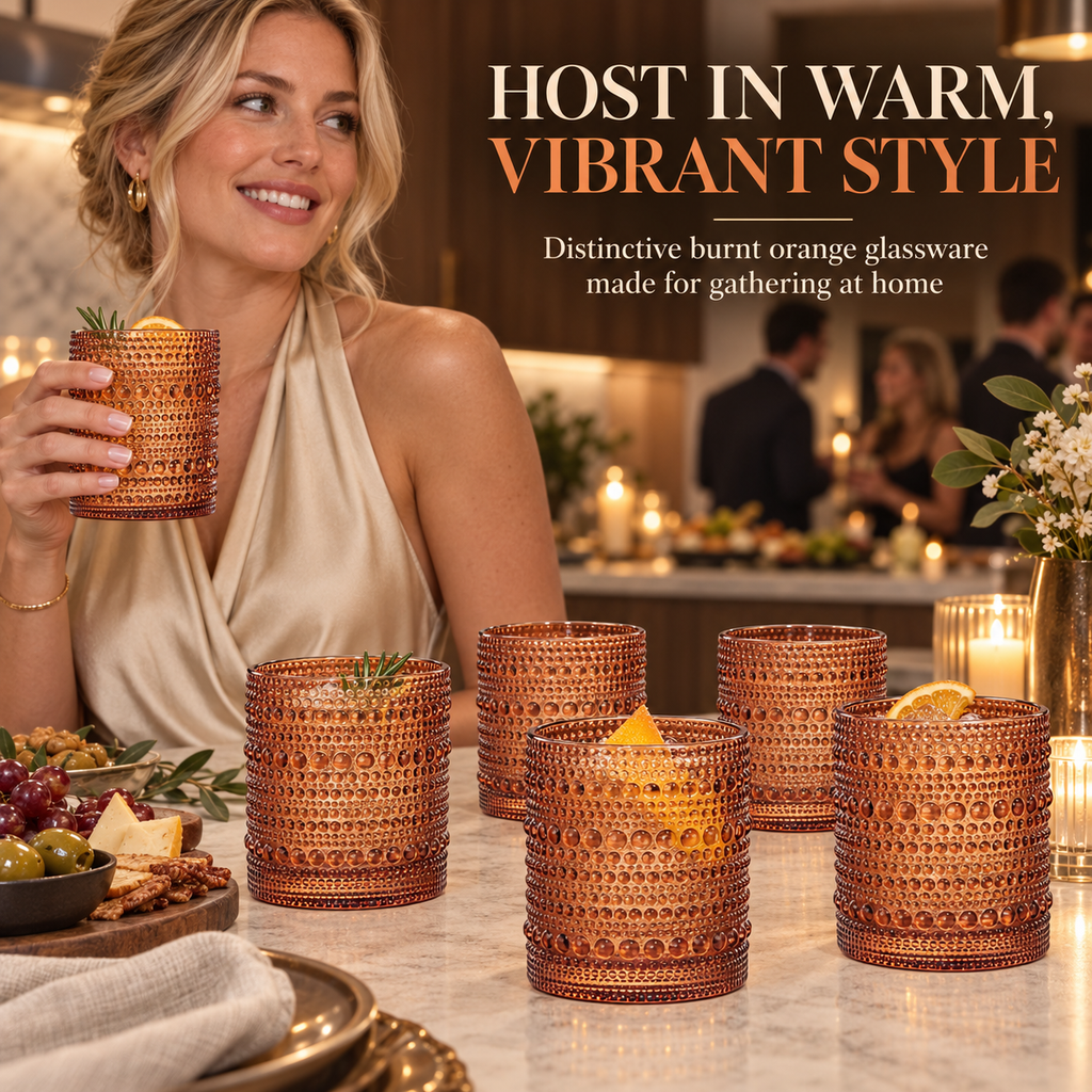 Muted Hobnail Lowball Glassware shown in use on a casually set gathering table at dinner