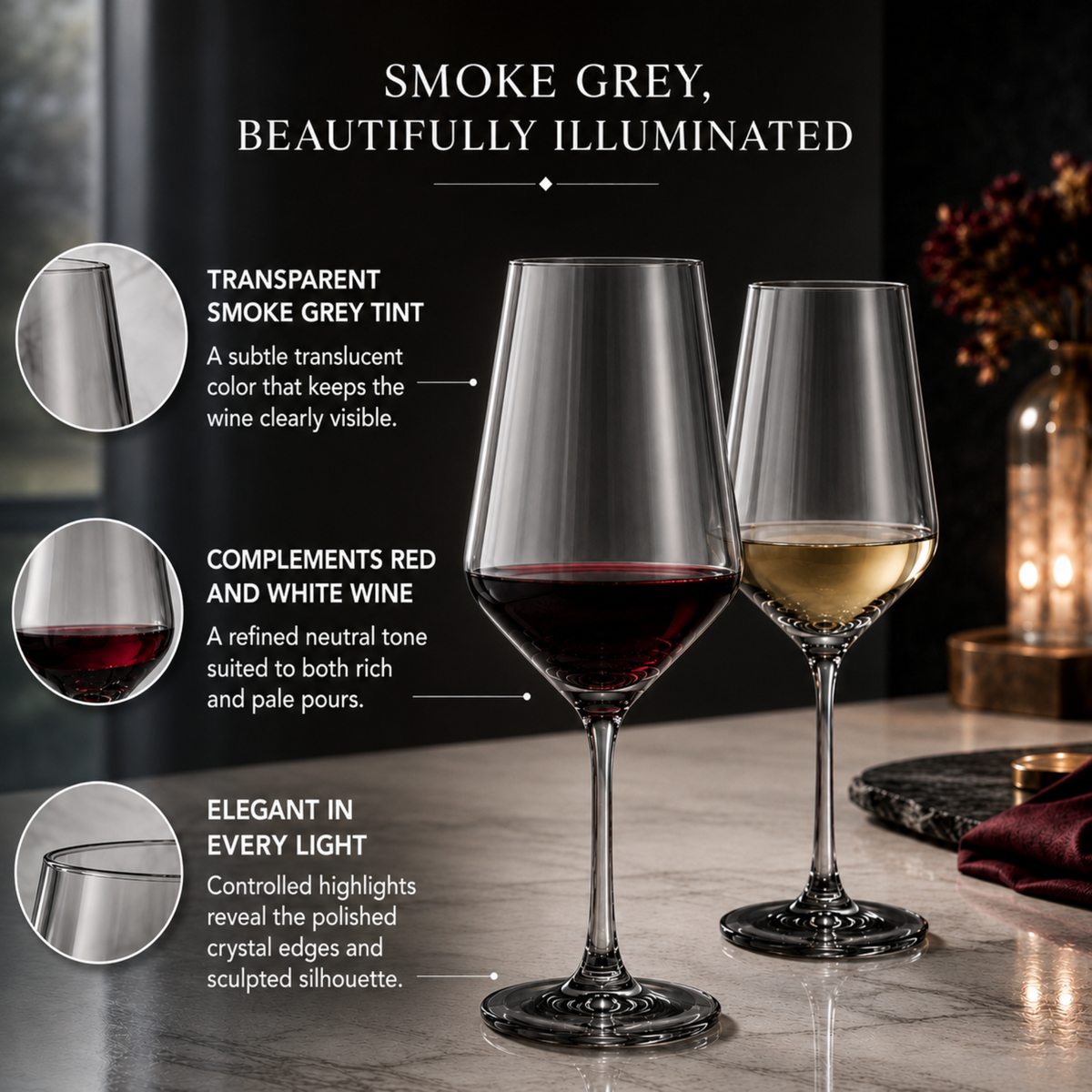 Tonal Stemmed Wine Glasses, Smoke Grey, Set of 2, view 7