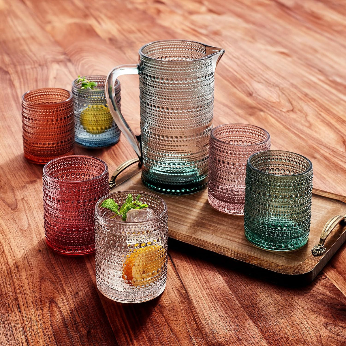 Hobnail Glass Pitcher and Lowball Serving Set in a detail view showing surface texture and finish up close