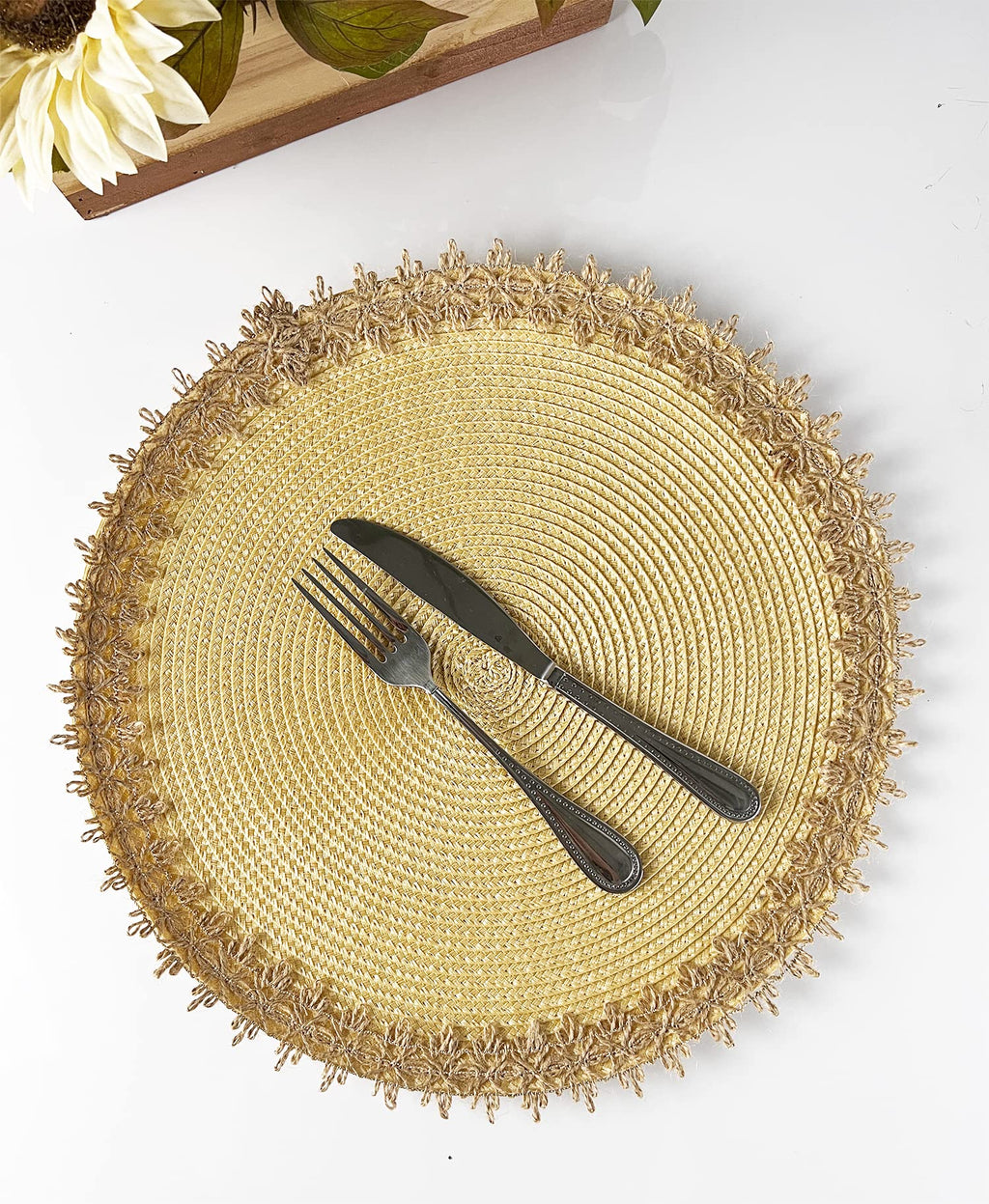 Jute Border Handwoven Round Placemats, Set of 4, detail view
