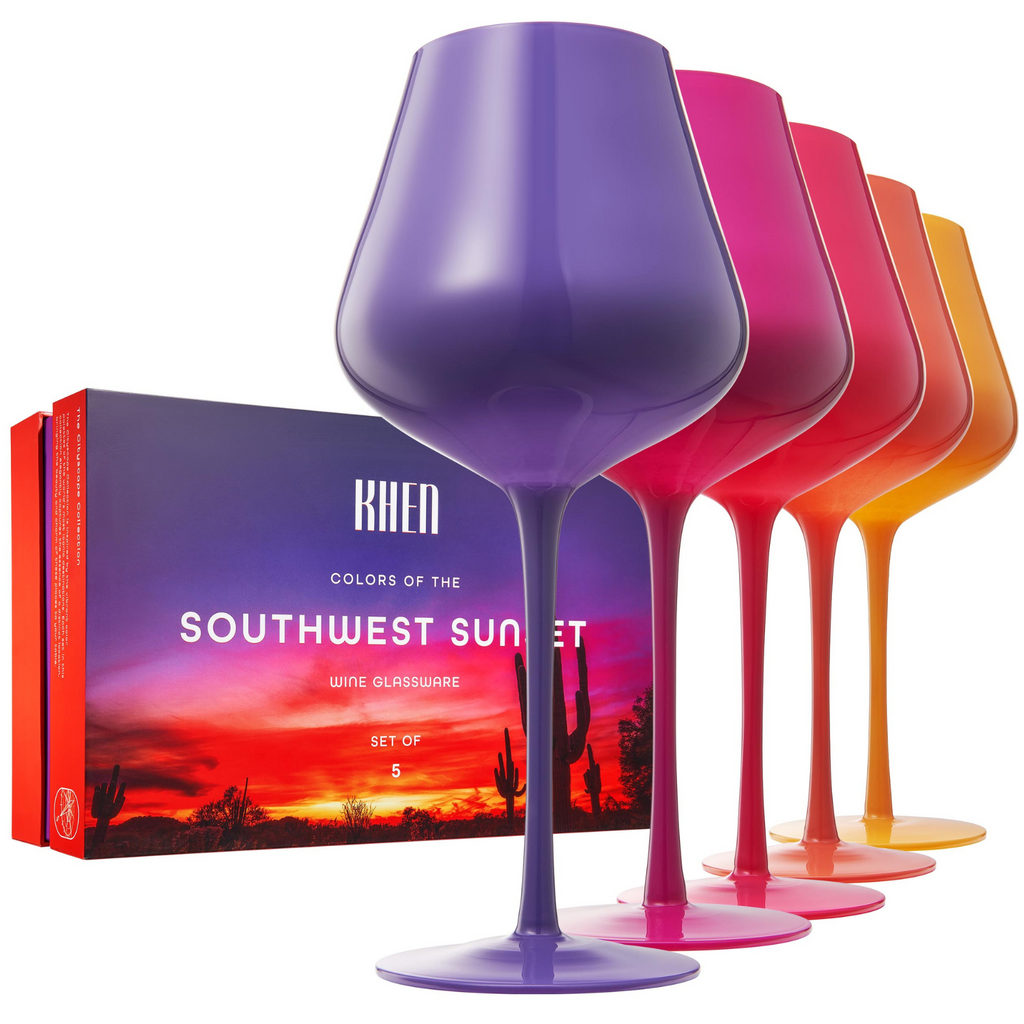 Southwest Sunset Gradient Wine Glassware photographed on a bone white surface in soft natural light