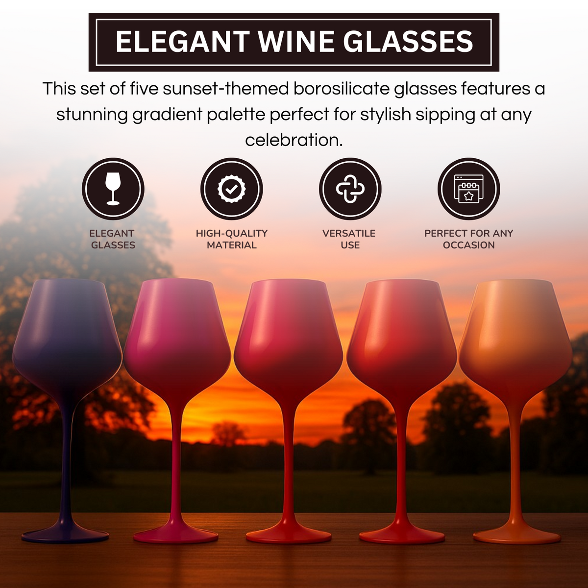 Southwest Sunset Gradient Wine Glassware styled on a wood table with linen in a modern Southwest room