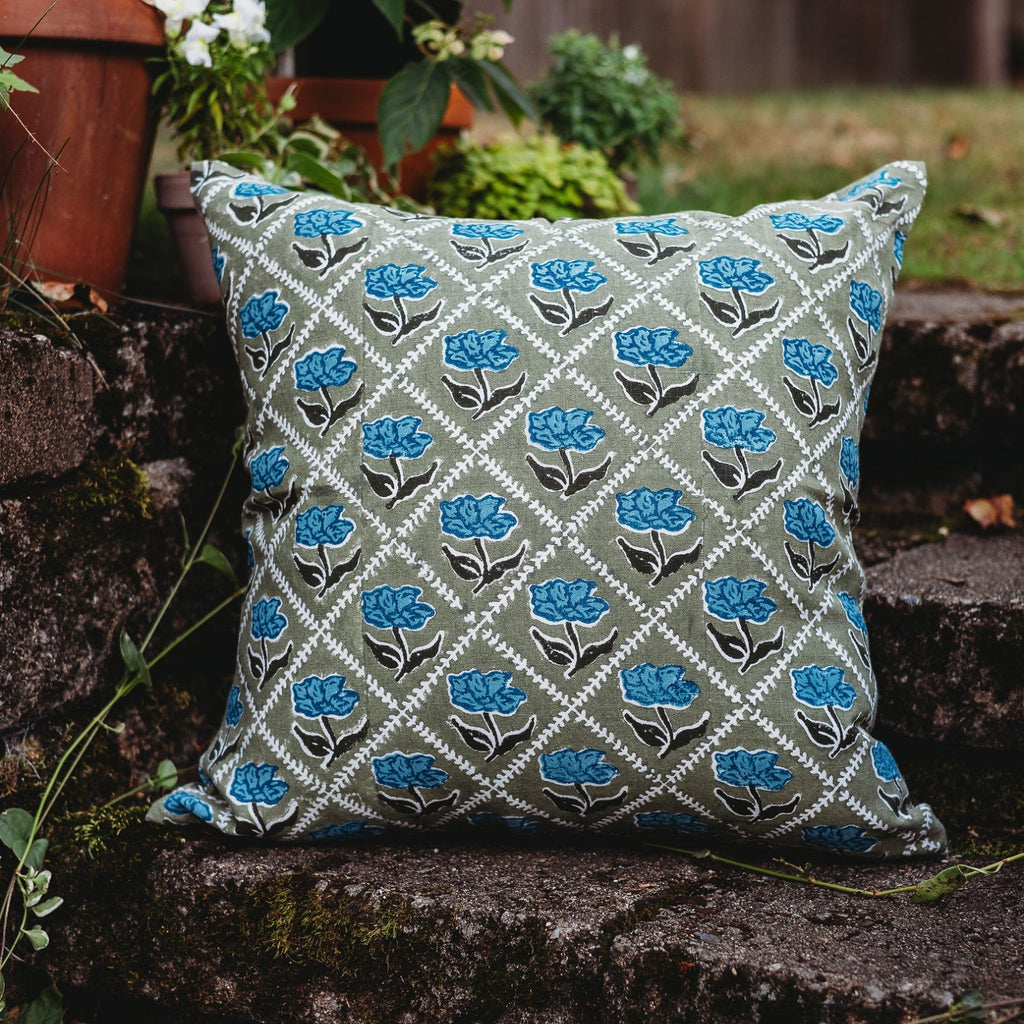 Noor Throw Pillow Cover, Olive and Blue, alternate view