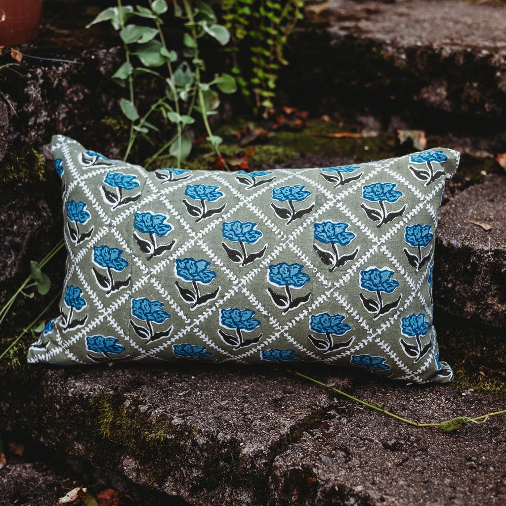 Noor Lumbar Pillow Cover, Olive and Blue, detail view