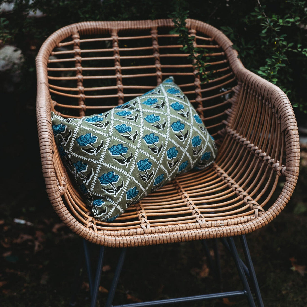 Noor Lumbar Pillow Cover, Olive and Blue, alternate view