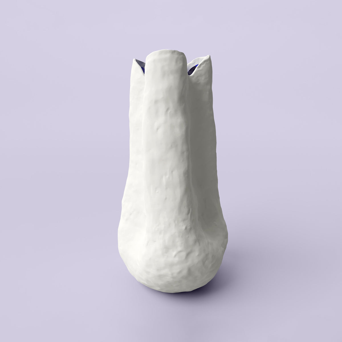 Extra tall slender white sculpted porcelain vase with a notched rim against a soft lavender backdrop