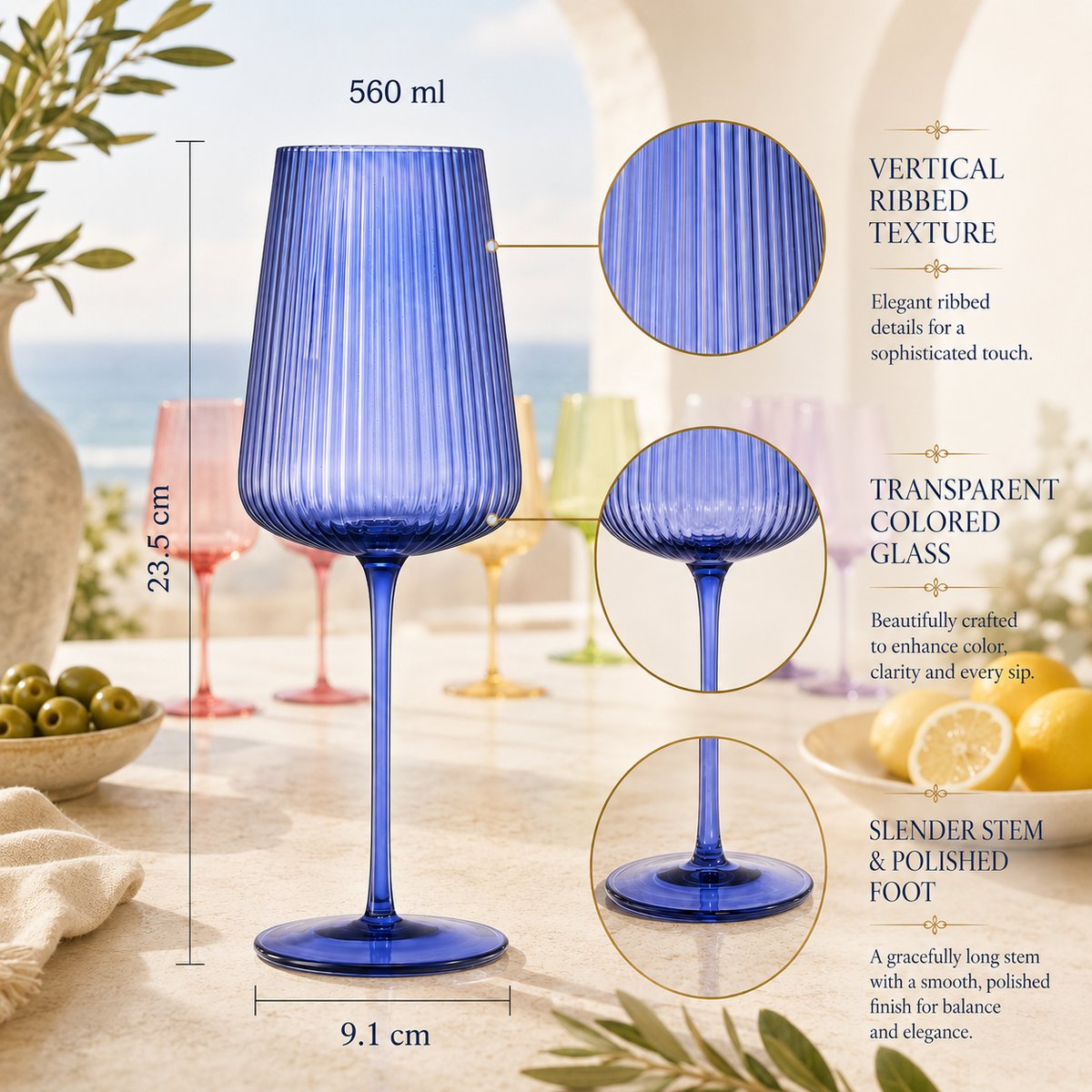 Rhea Ribbed Stemmed Wine Glasses, Set of 6, view 8