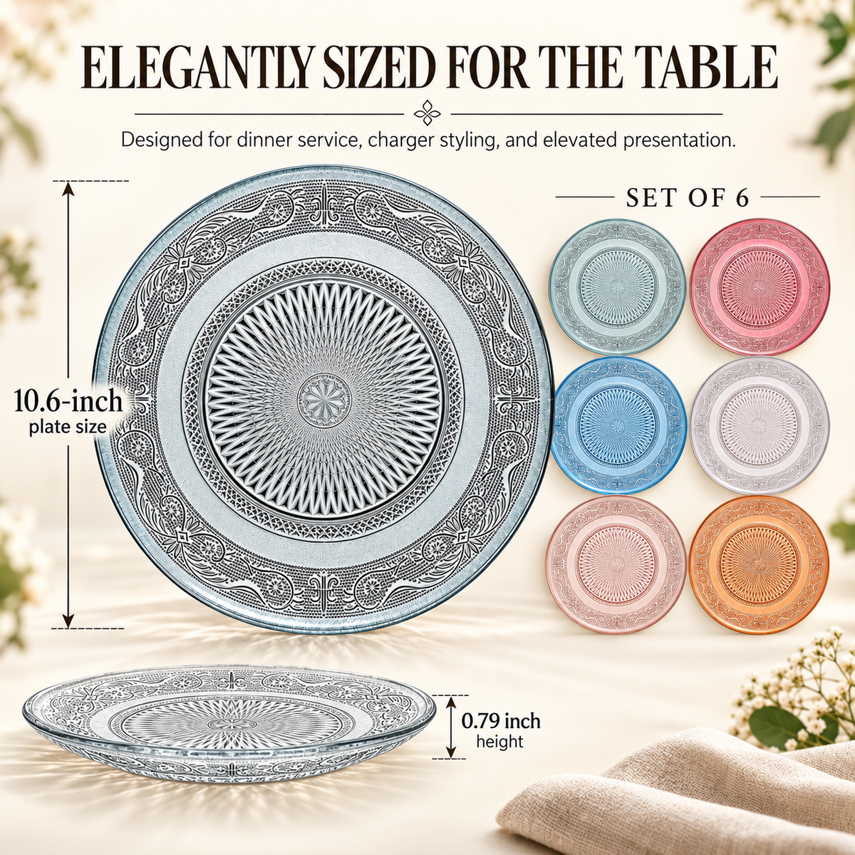 Tonal Vintage-Style Glass Plates, Set of 6, view 6