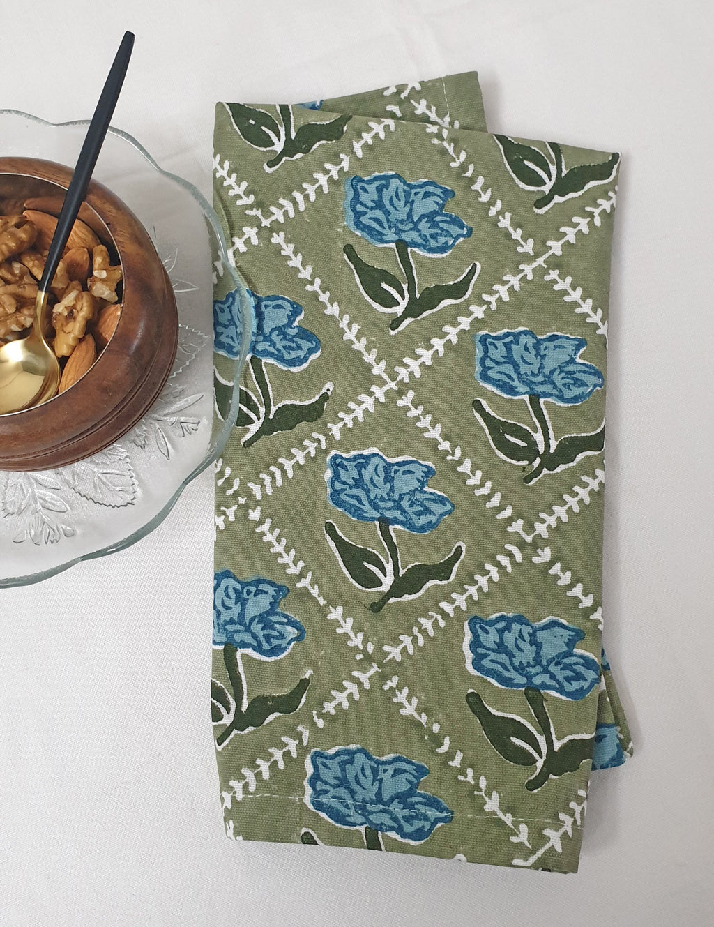 Noor Table Napkins, Olive and Blue, Set of 2, detail view