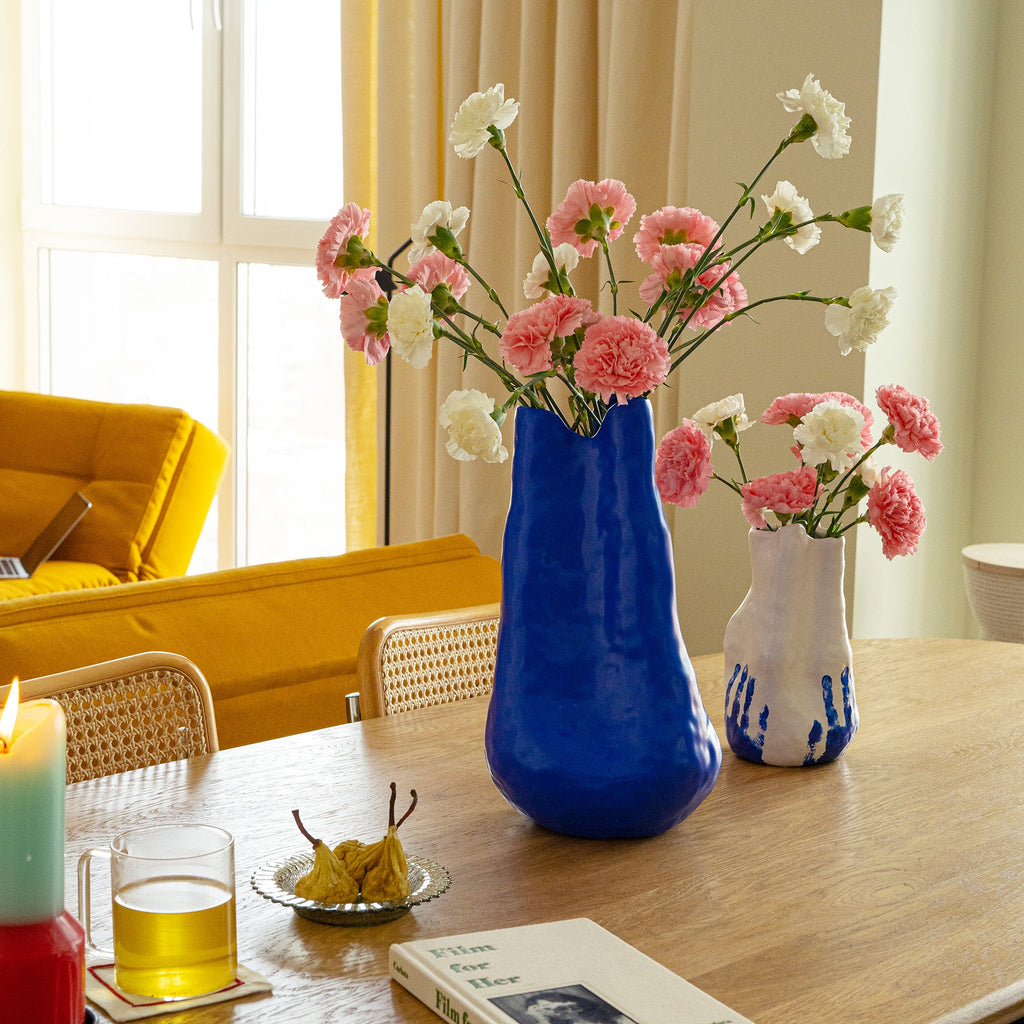 Tall Cobalt Blue Porcelain Vase shown from a second angle against a pale neutral backdrop