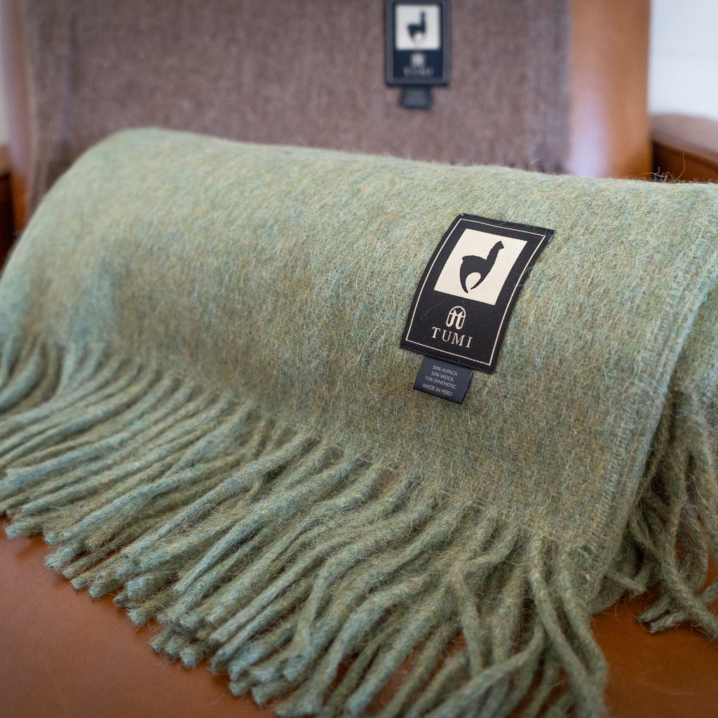 Green alpaca wool blend throw rolled with its long fringe showing on the seat of a leather chair
