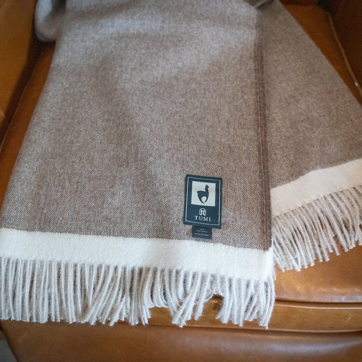 Brown baby alpaca throw with cream band and fringe laid across the seat of a tan leather chair