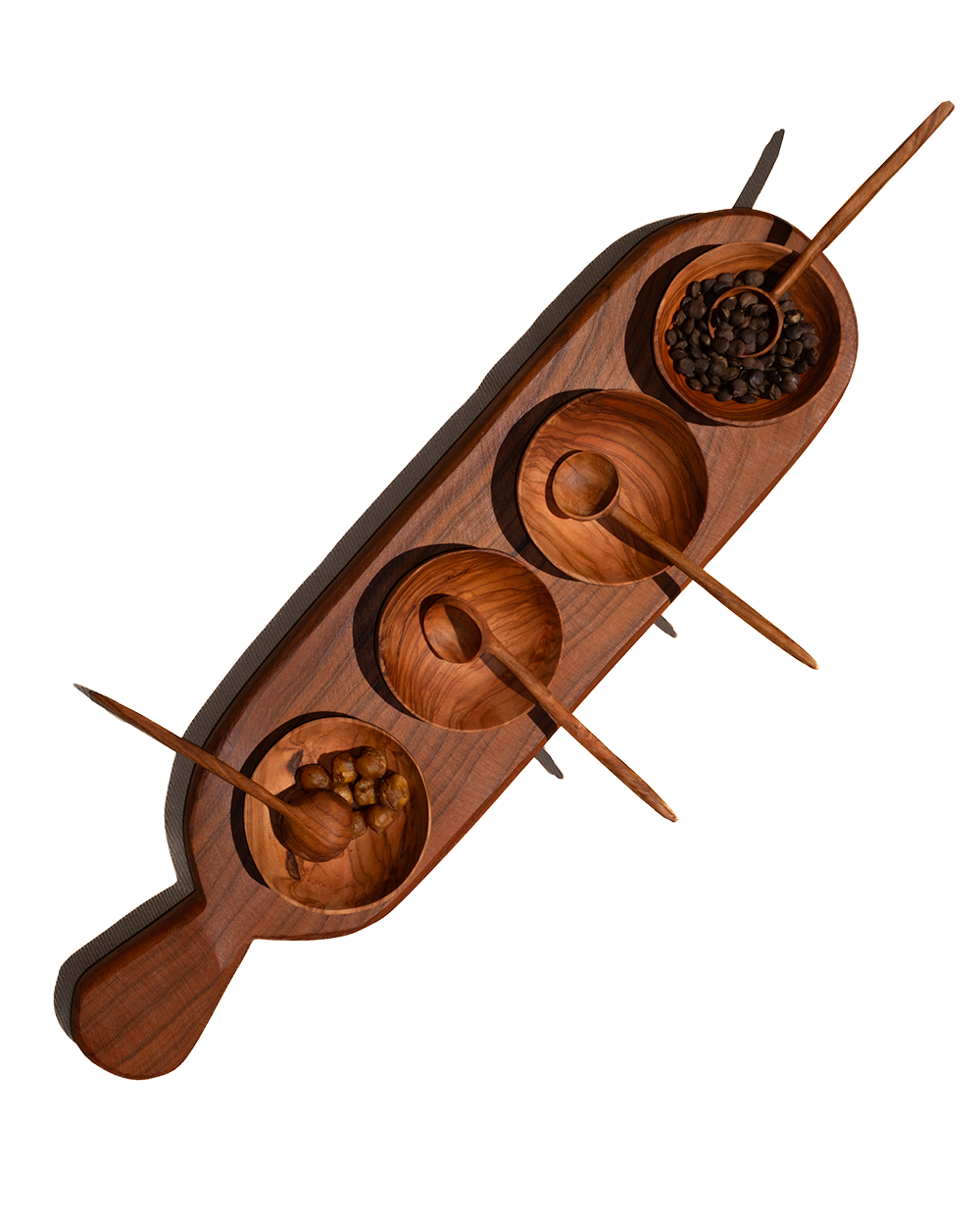 Carved Walnut Four Condiment Serving Tray