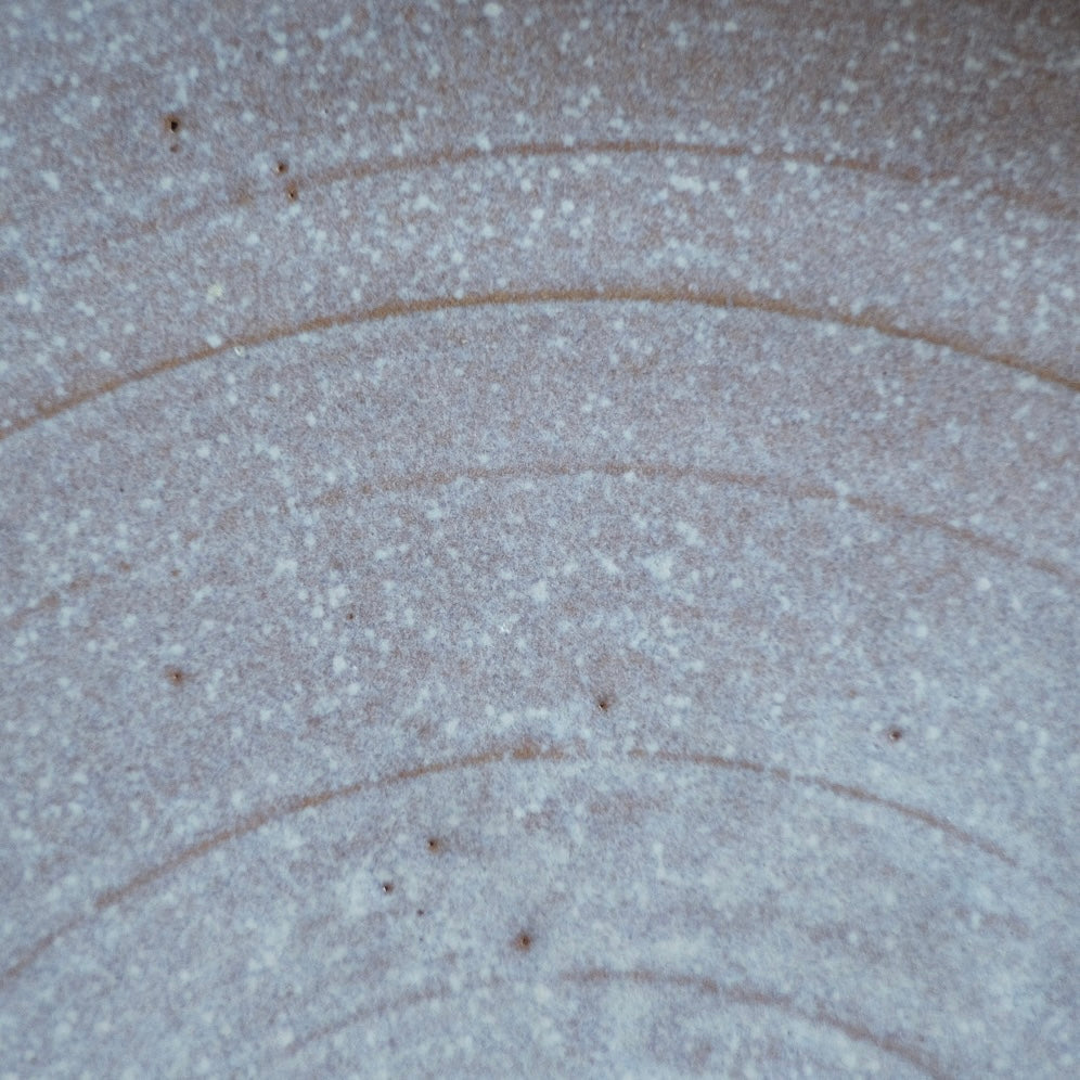 Close-up of a speckled pale grey glaze inside a stoneware bowl with thin rust-colored rings