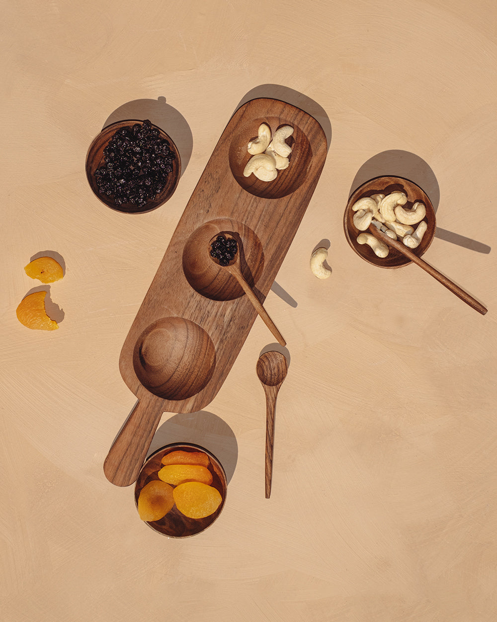 Carved Walnut Three Condiment Serving Set, detail view