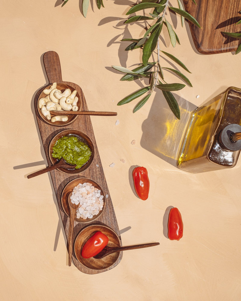 Carved Walnut Four Condiment Serving Tray, alternate view