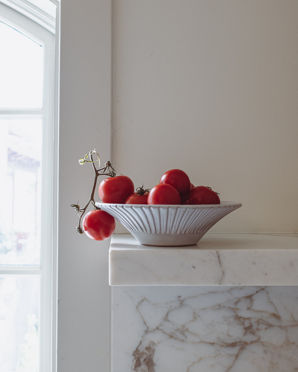 Carved Matte White Ceramic Coupelle Bowls, Set of 4, detail view