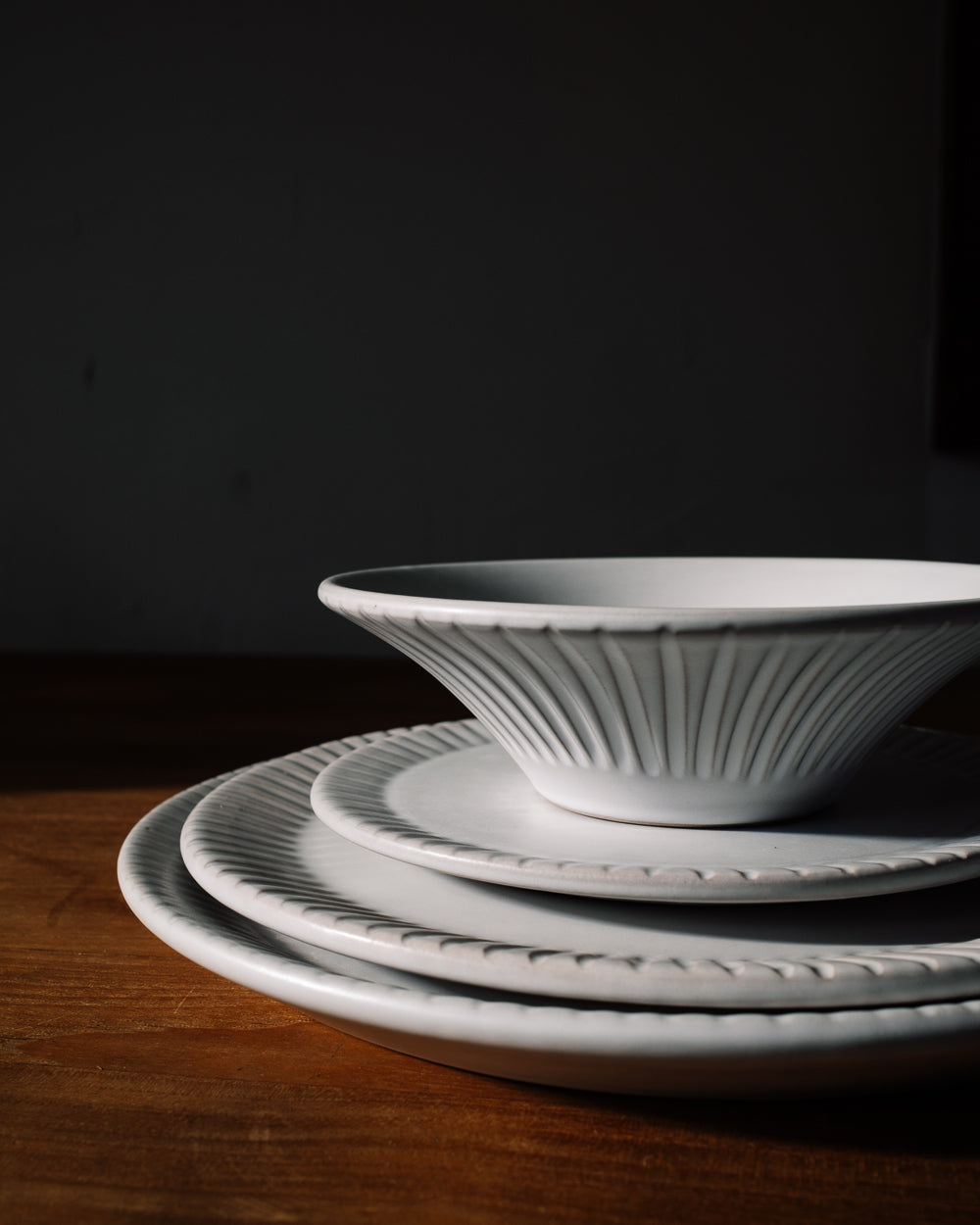 Carved Matte White Ceramic Coupelle Bowls, Set of 4, another angle