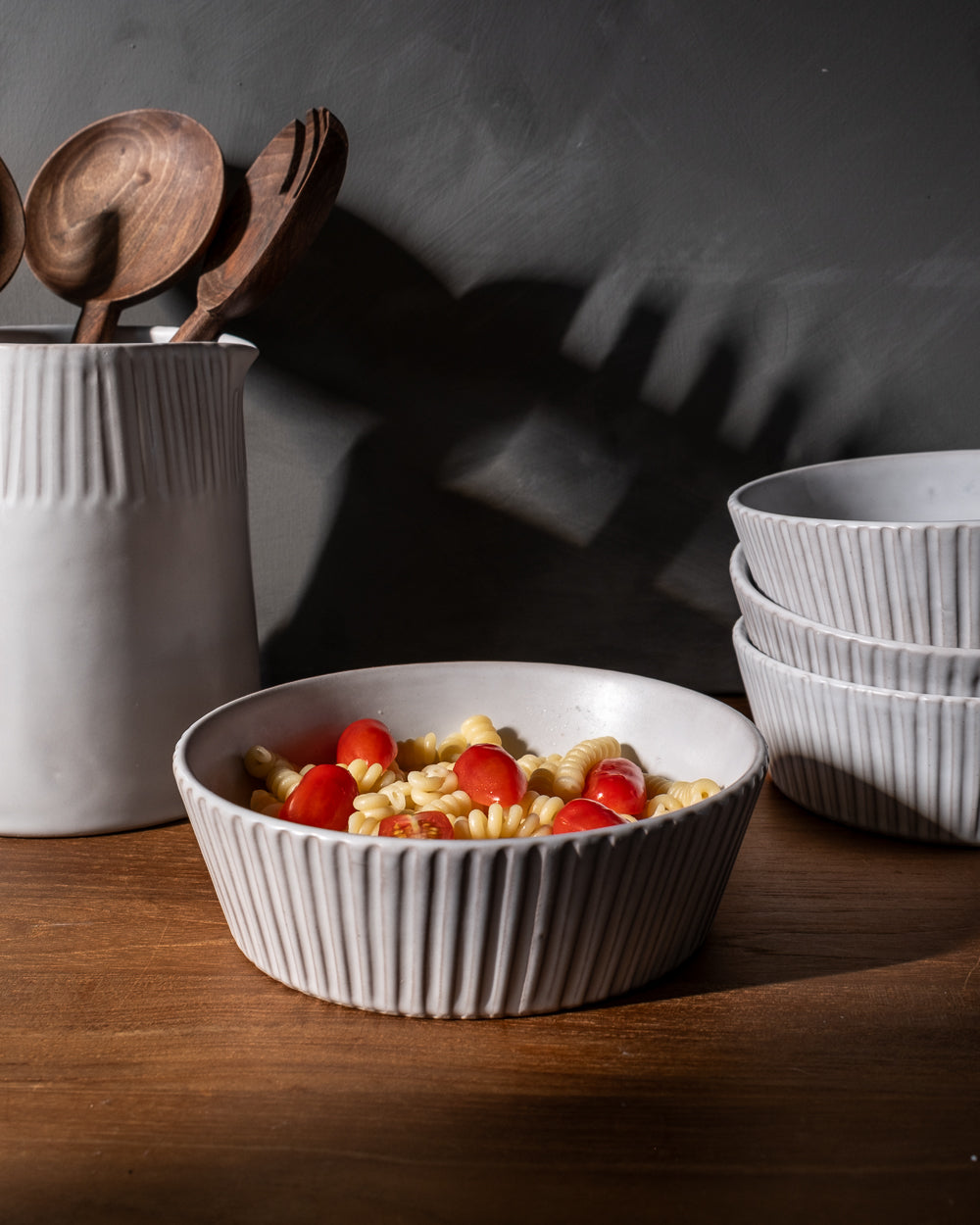 Carved Matte White Ceramic Pasta Bowls, Set of 4, detail view