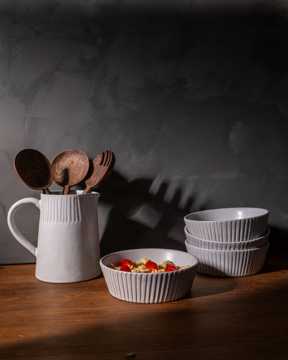 Carved Matte White Ceramic Pasta Bowls, Set of 4, another angle