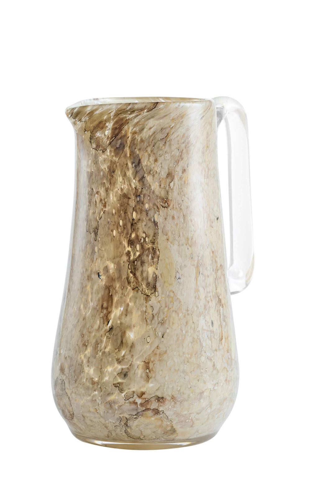 Beige marbled hand-blown glass pitcher shown on its own against a white background, handle on the right