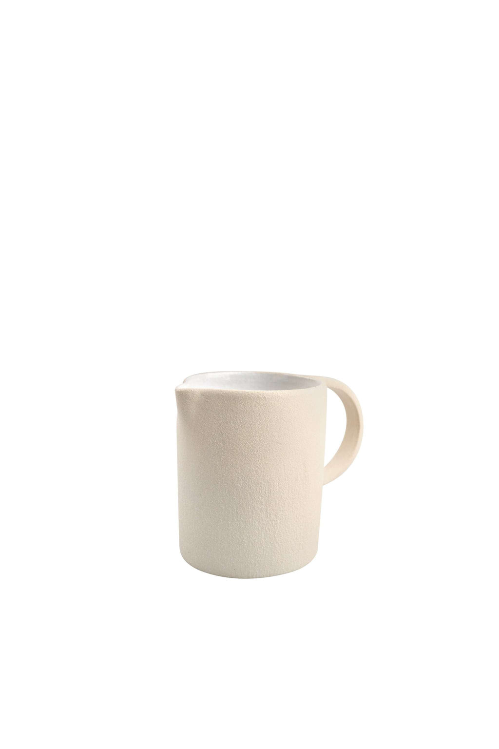 Small bare clay stoneware pitcher shown straight on from the front against a plain white background
