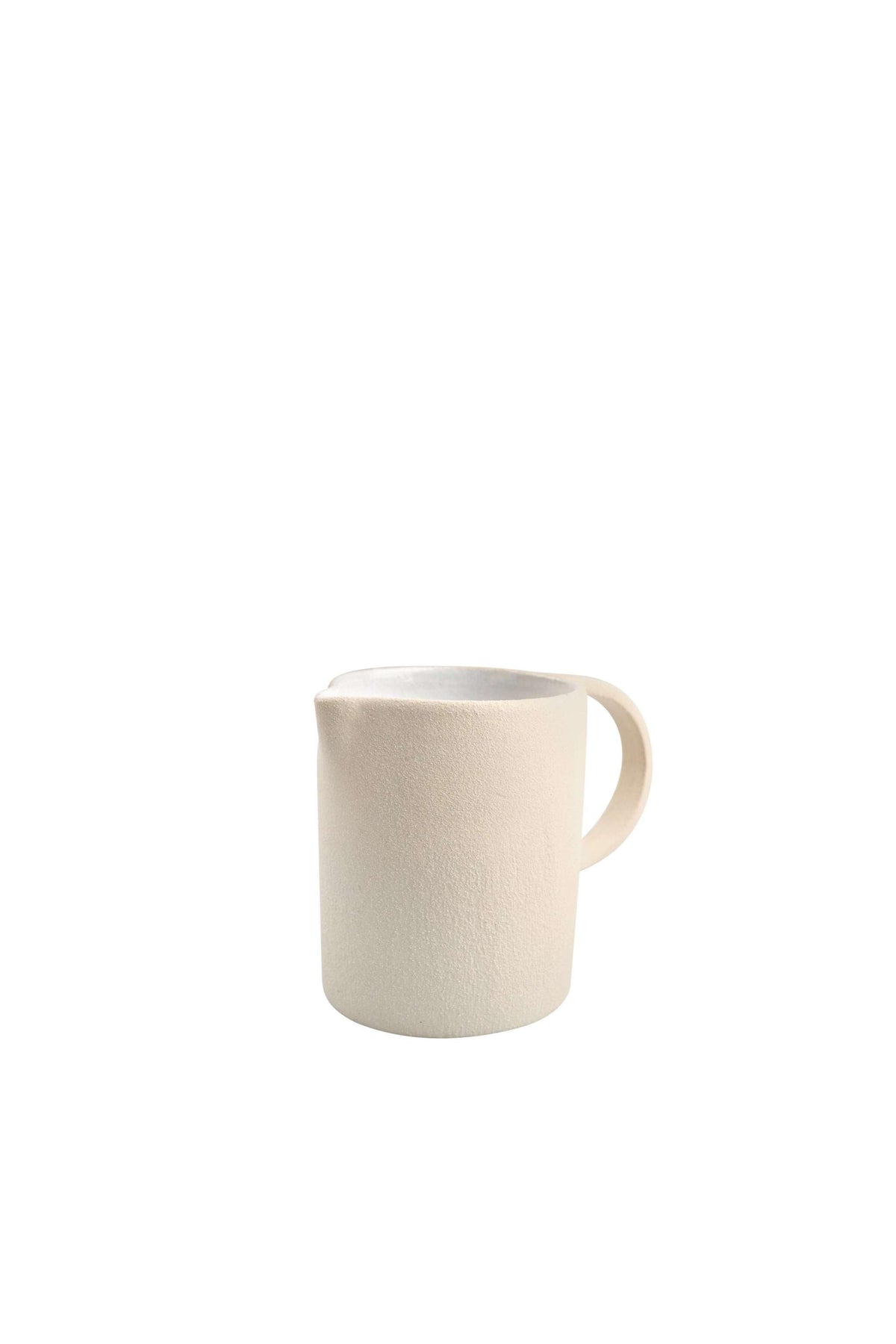 Small bare clay stoneware pitcher shown straight on from the front against a plain white background