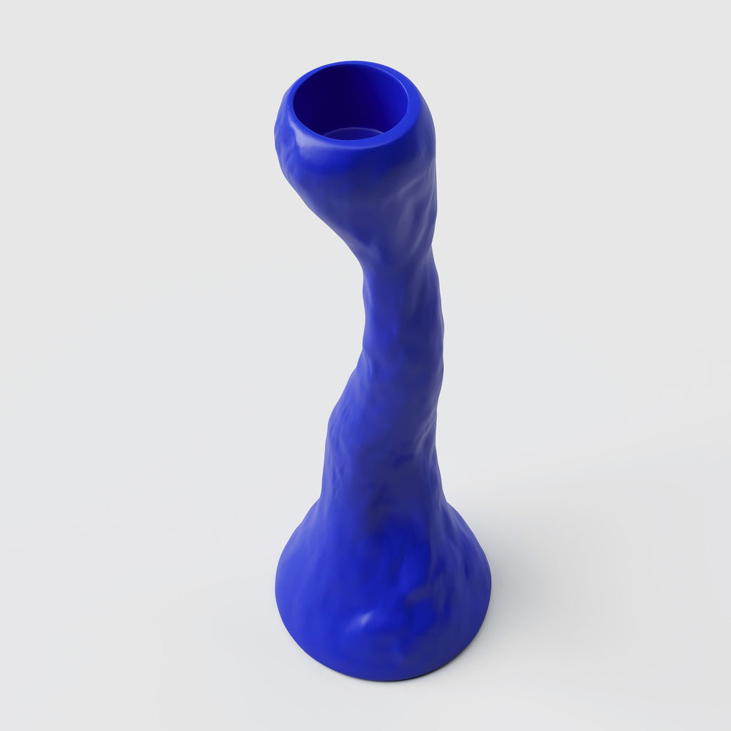 Tall Cobalt Porcelain Candle Holder photographed on a bone white surface in soft natural light
