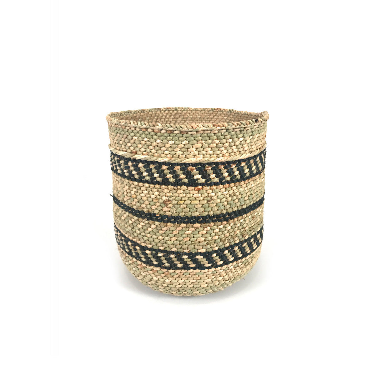Small natural grass basket woven with black diagonal stripes, shown alone on a white background
