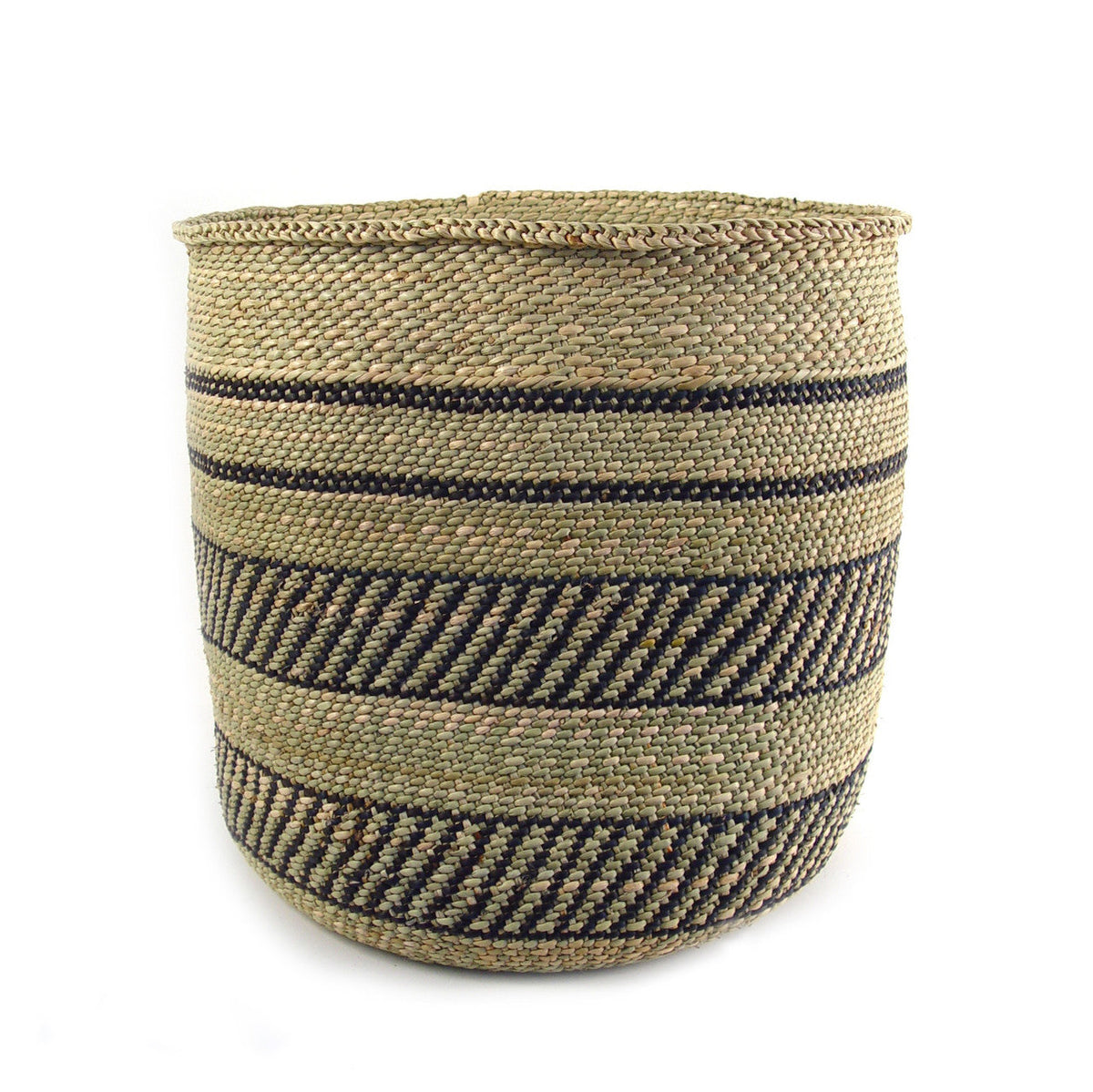 Large handwoven milulu grass basket with bold black bands, shown straight on against a plain white background