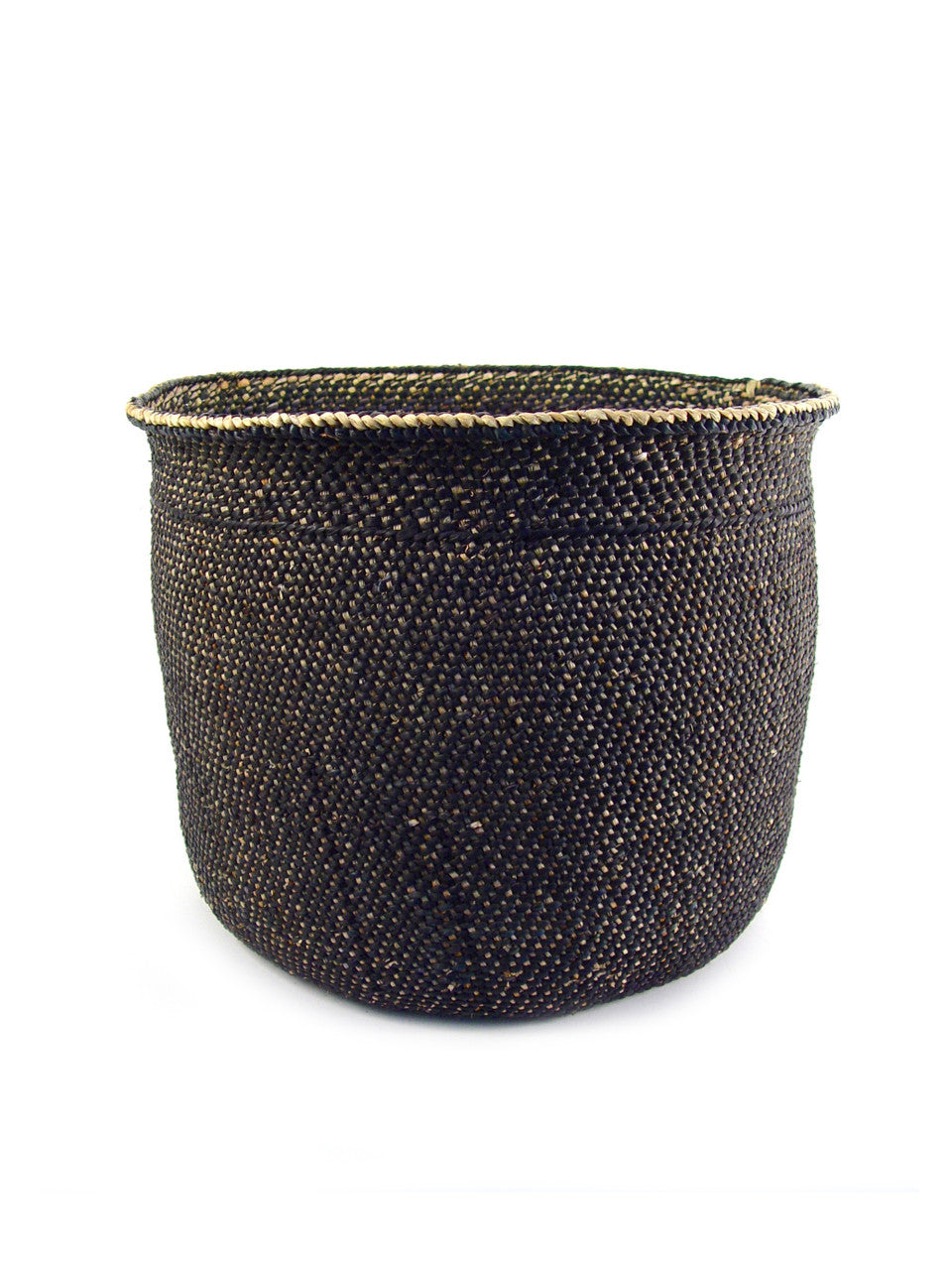 Medium charcoal-black handwoven grass basket with a natural fiber rim, shown alone on a white background