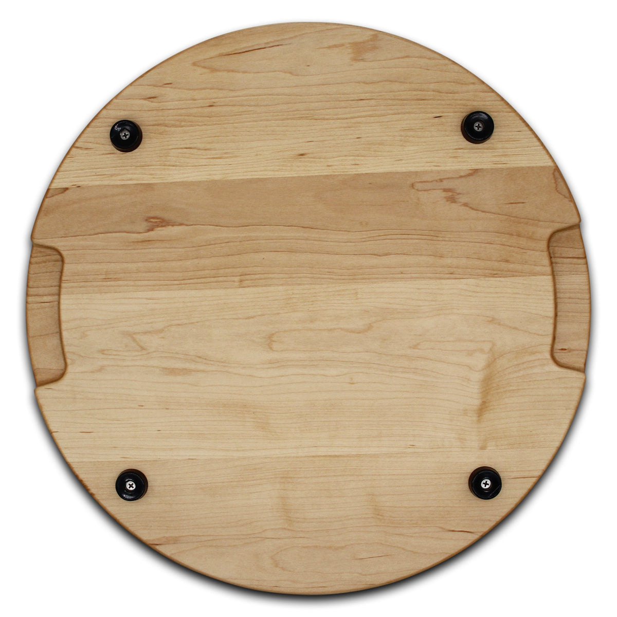 Thick round maple cutting board, 18 in, overhead view of the underside with pocket handles and feet