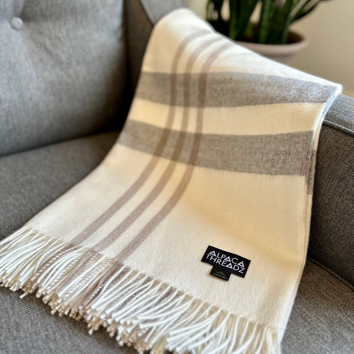 Cream baby alpaca plaid throw with soft gray stripes and fringe draped over a gray sofa arm