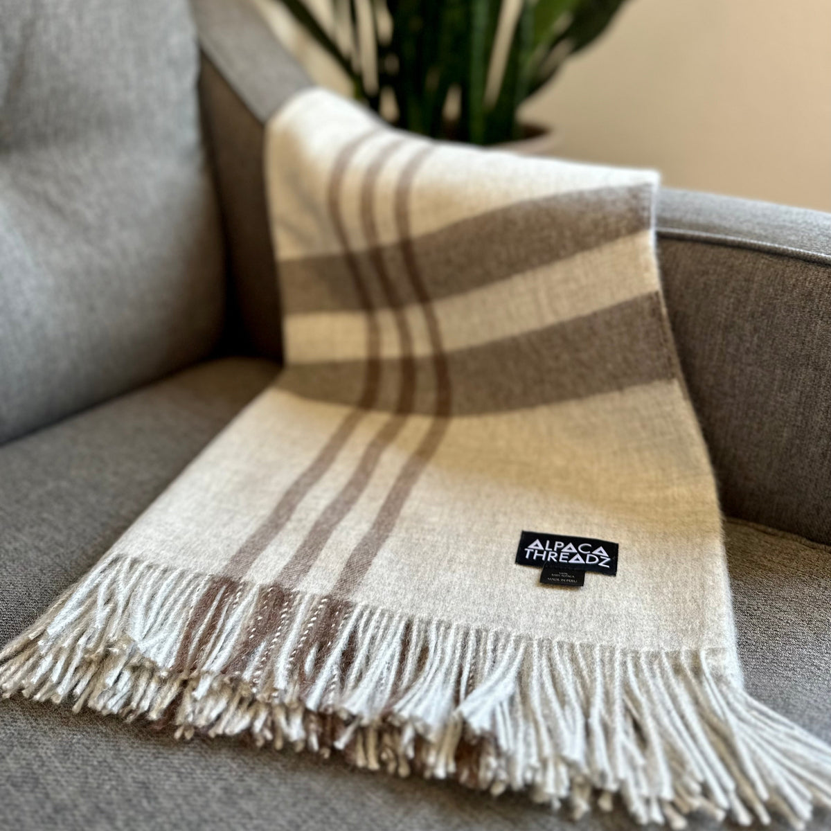 Pale gray baby alpaca plaid throw with brown stripes and fringe draped over a gray sofa arm