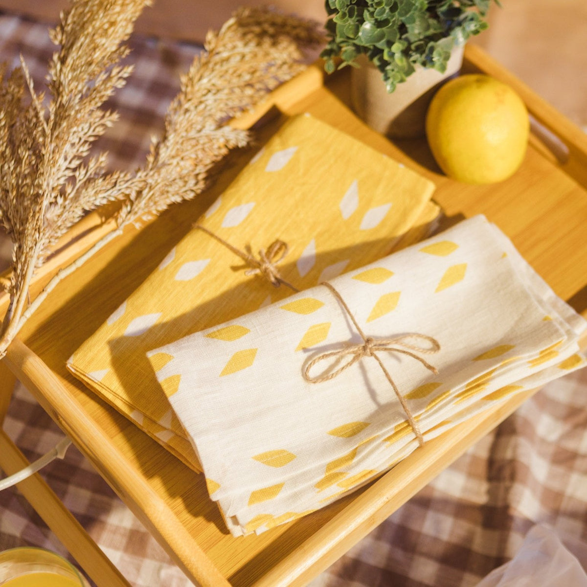Terra Pure Linen Napkins, Mustard White, Set of 2, alternate view