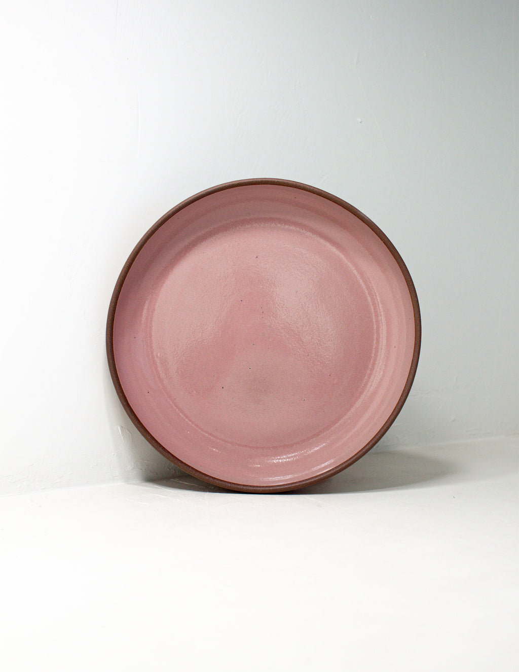 Pink glazed ceramic coupe serving bowl standing on its edge against a soft pale gray wall