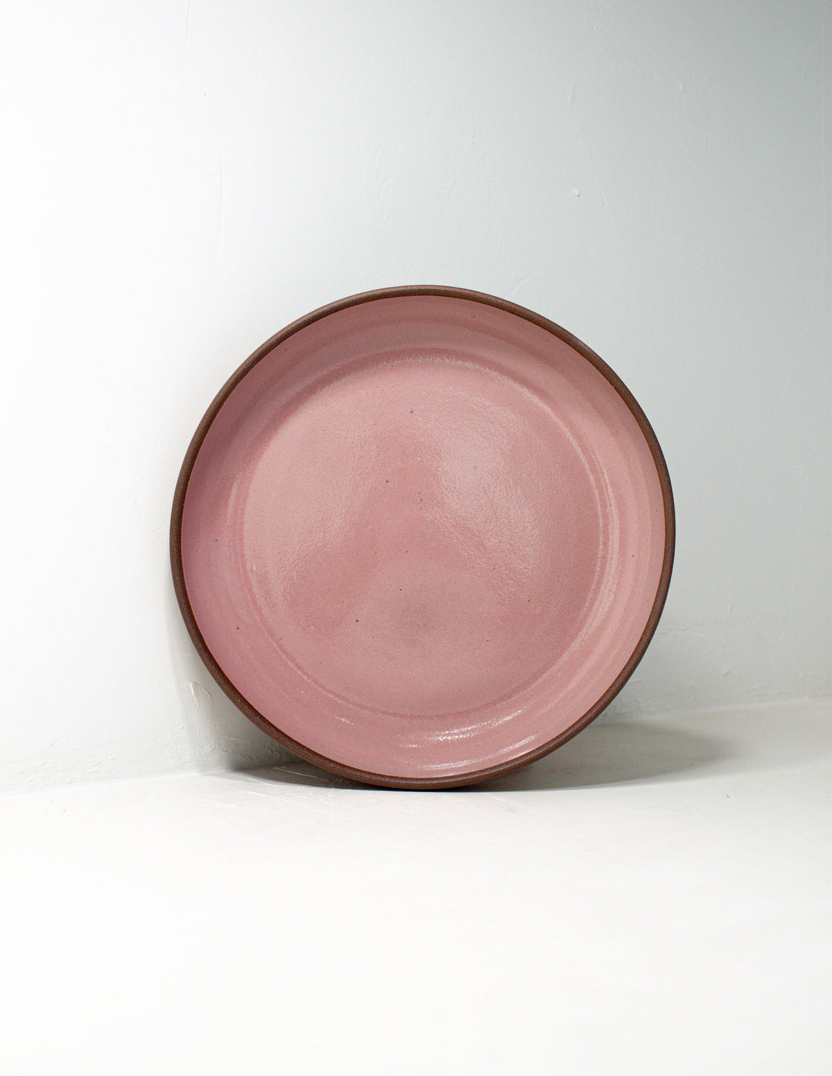 Pink glazed ceramic coupe serving bowl standing on its edge against a soft pale gray wall
