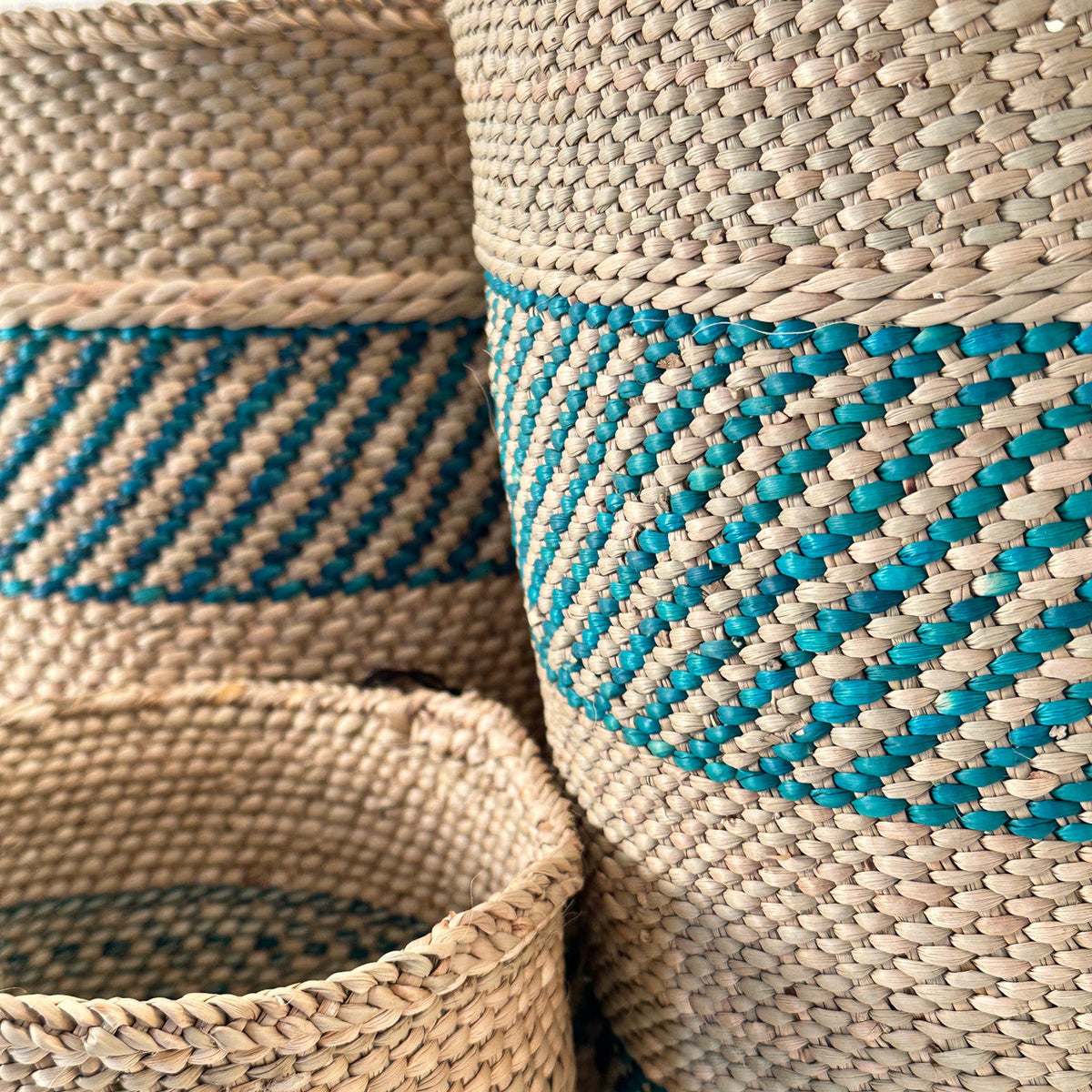 Turquoise Stripe Iringa Woven Basket, detail view
