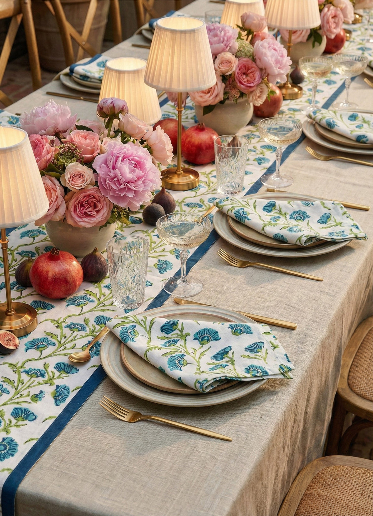 Bella Hand-Printed Table Runner, Olive and Blue, alternate view