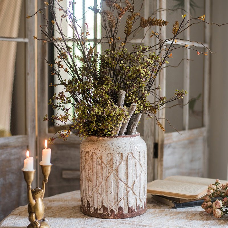 Distressed White Ceramic Jar Vase, alternate view