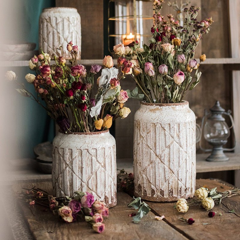 Distressed White Ceramic Jar Vase, detail view