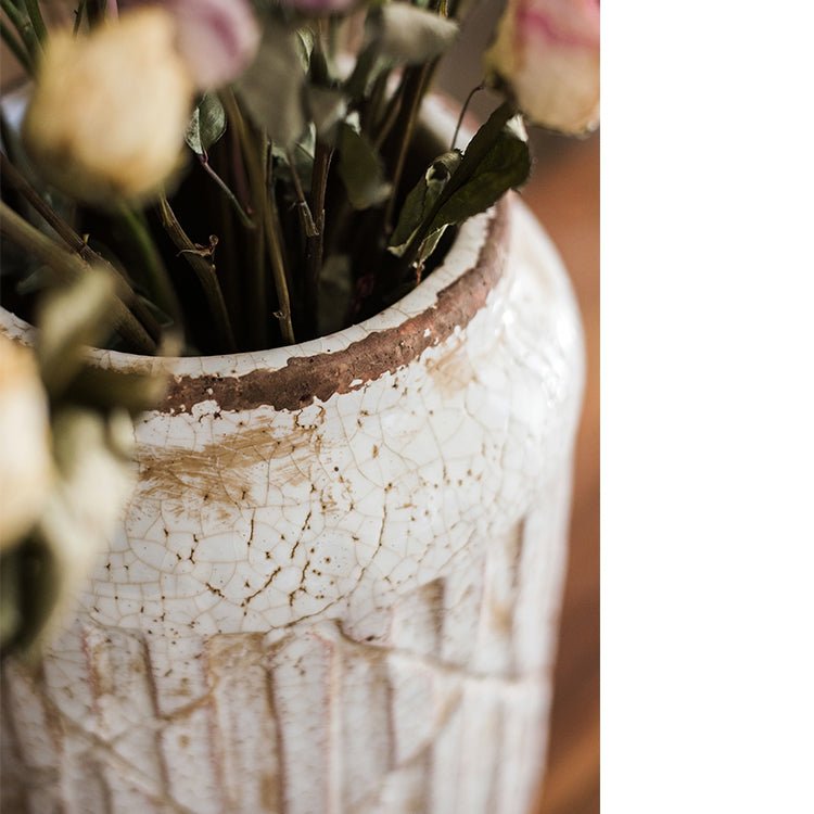 Distressed White Ceramic Jar Vase, another angle