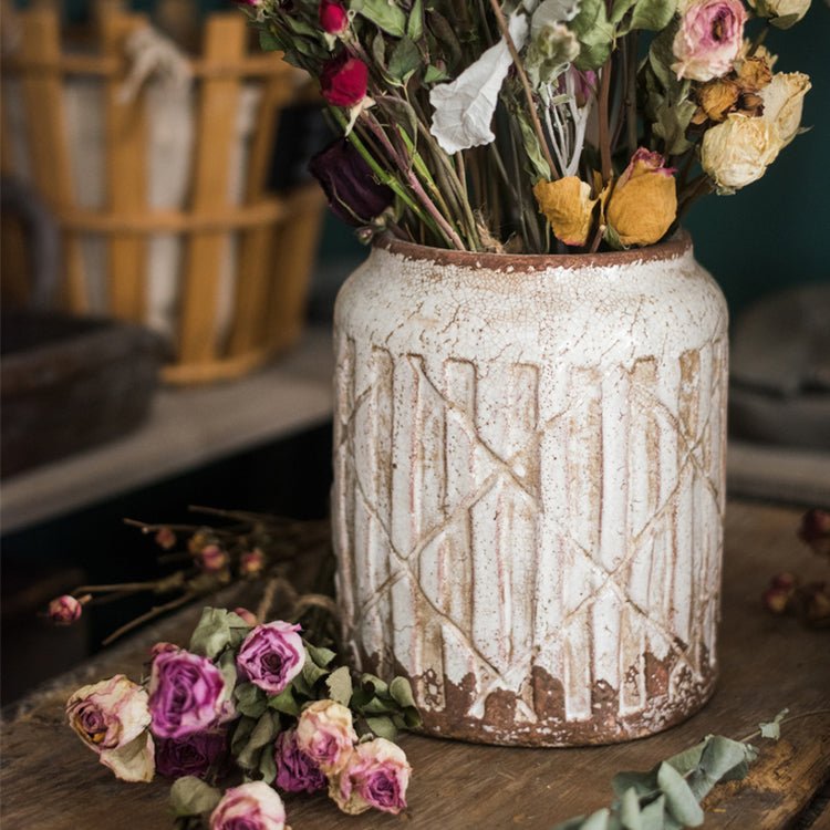 Distressed White Ceramic Jar Vase, view 5