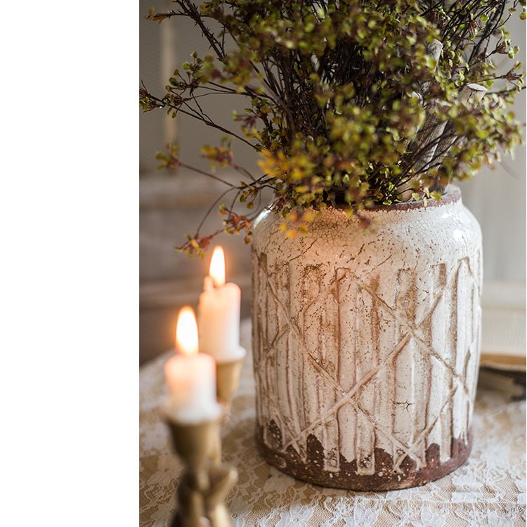 Distressed White Ceramic Jar Vase, view 6