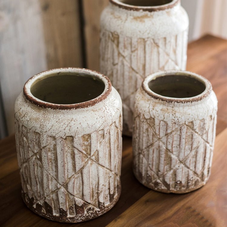 Distressed White Ceramic Jar Vase, view 9