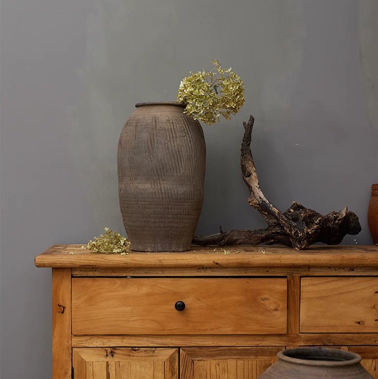 Tall Floor-Standing Clay Pot, detail view