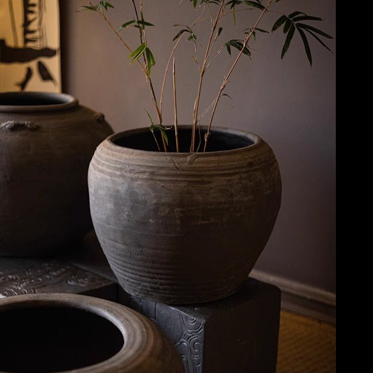 Round Belly Clay Pot, Dark Grey, view 5