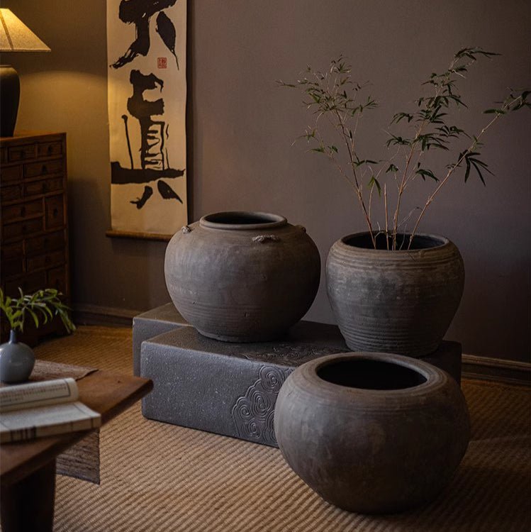 Round Belly Clay Pot, Dark Grey, view 6