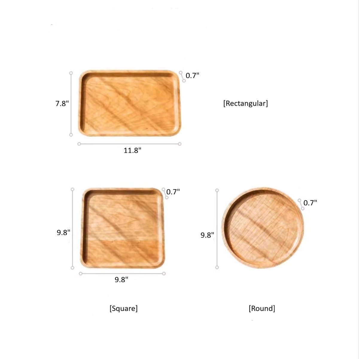 Size chart for the wood serving tray: rectangle 7.8 x 11.8 in, square 9.8 in, round 9.8 in, 0.7 in tall